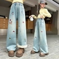 thumbnail image 6 of XQYLOS Girls High Waist Fleec𝖾 Lined Jeans with Pockets, Cute Graphic Wide Leg Denim Pants, Thickened Warm Winter Elastic Waist Trousers, 6 of 6