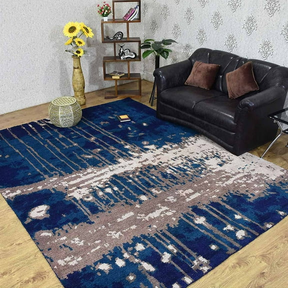RUGSOTIC CARPETS HAND KNOTTED SILK AREA RUGS - 6'x9', Rectangle, Blue Beige, Abstract Modern Design, High Pile Thick Handmade Anti Skid Area Rugs for Living Room, Bed Room (NS1242)
