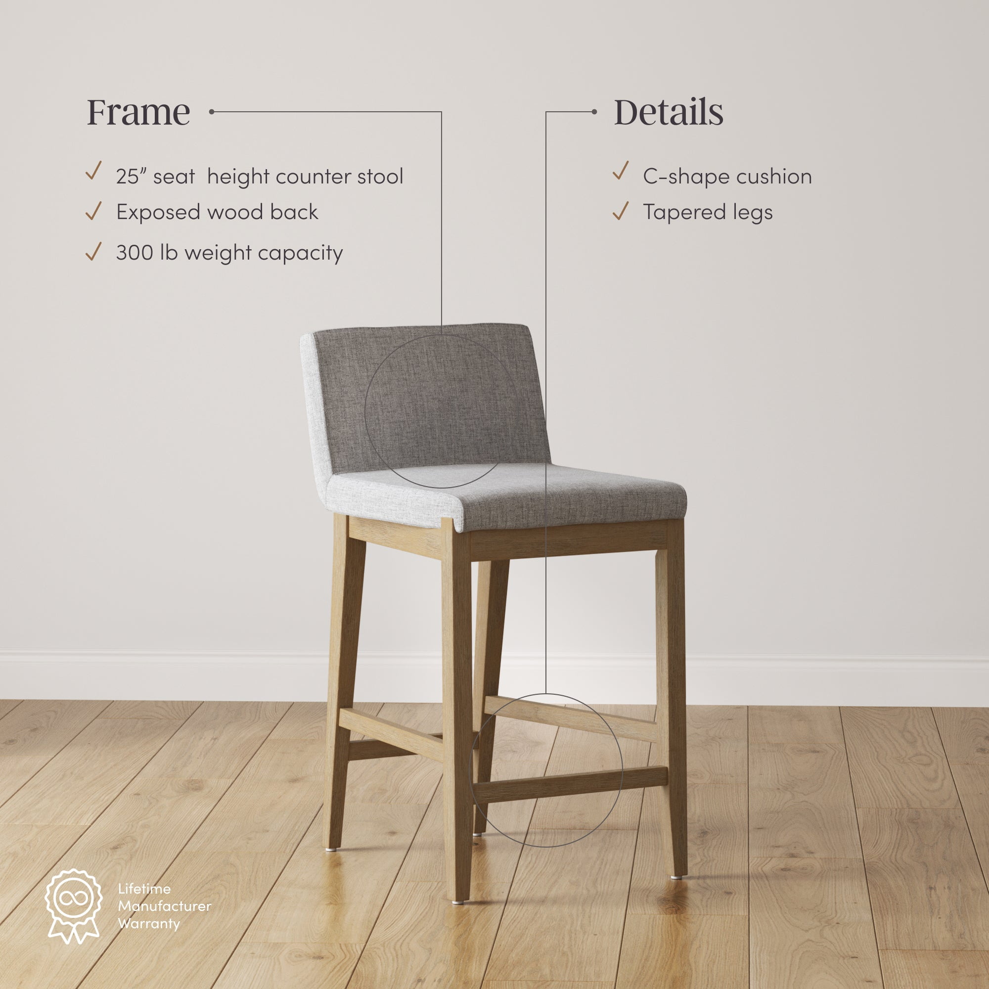 Nathan James Gracie Modern Bar Stool Counter Height Barstool with Back, Upholstered Kitchen Island Stool with Solid Wood Legs, Gray/Light Brown