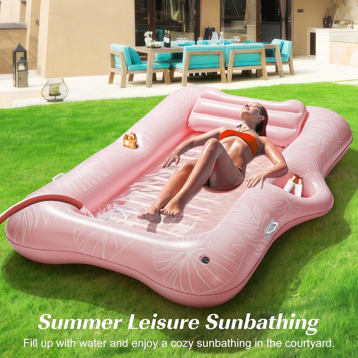 HEY! SPLASH Inflatable Tanning Pool Lounger Float, 72.8 * 49.2" Inflatable Ride-ons Pool Rafts Swimming Pool Float, Summer Beach Party Swimming Floaty Bed Floatie Pool Toys,Pink Leaf