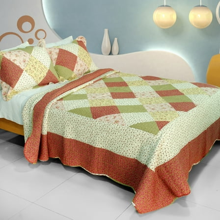 Fragrant Fields 100% Cotton 3PC Patchwork Quilt Set (Full/Queen Size)