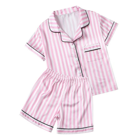 

Satin Pajamas for Girls 2 Pcs Sleepwear Short Sleeve Silk Satain Summer Pajama Set for Girls Pink Stripe 7-8 Years = Tag 140