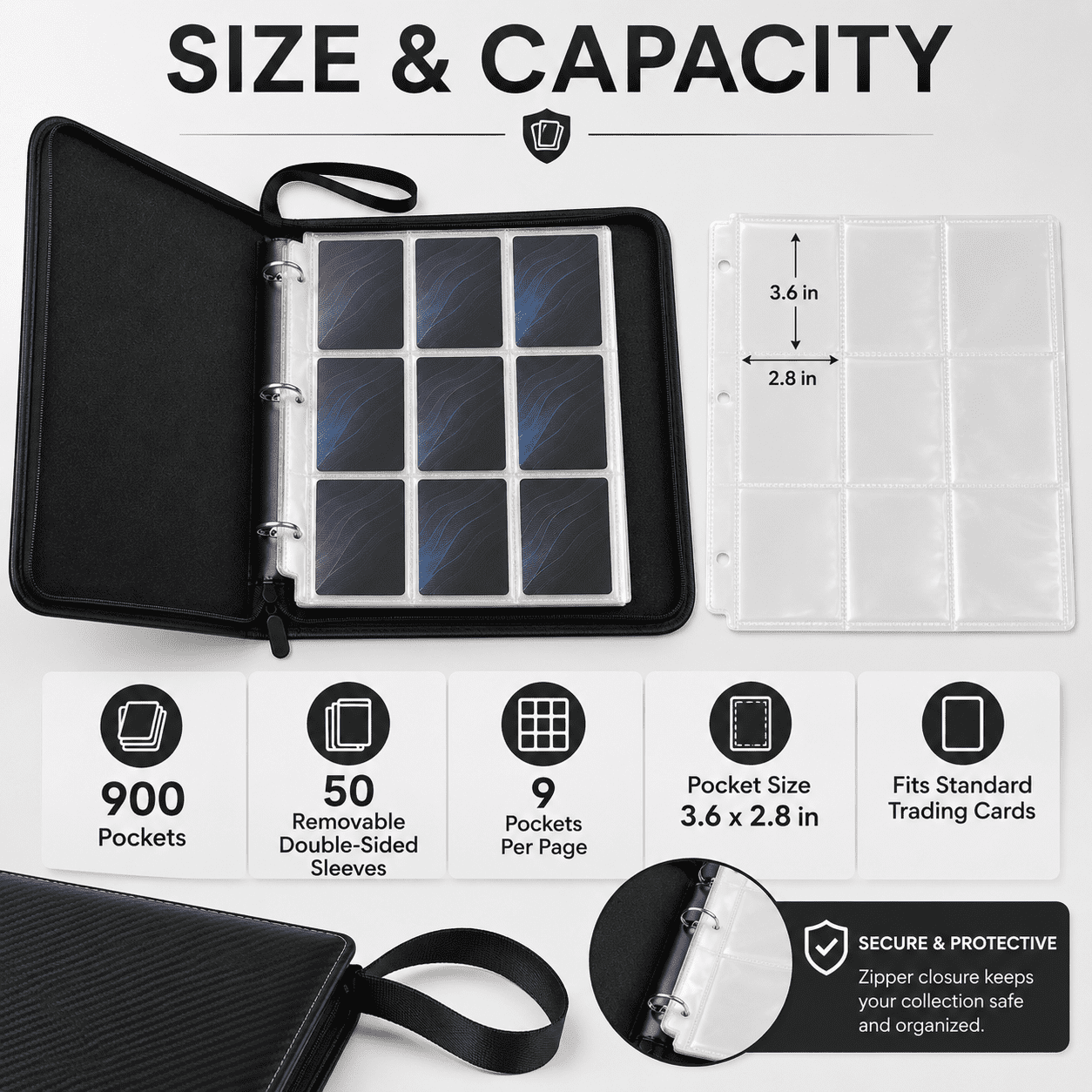 Kabuer Trading Card Binder Sleeves with Zipper 900 Pockets, Carry Card Case for Baseball Card, Football Card, Gaming Card, Basketball Card