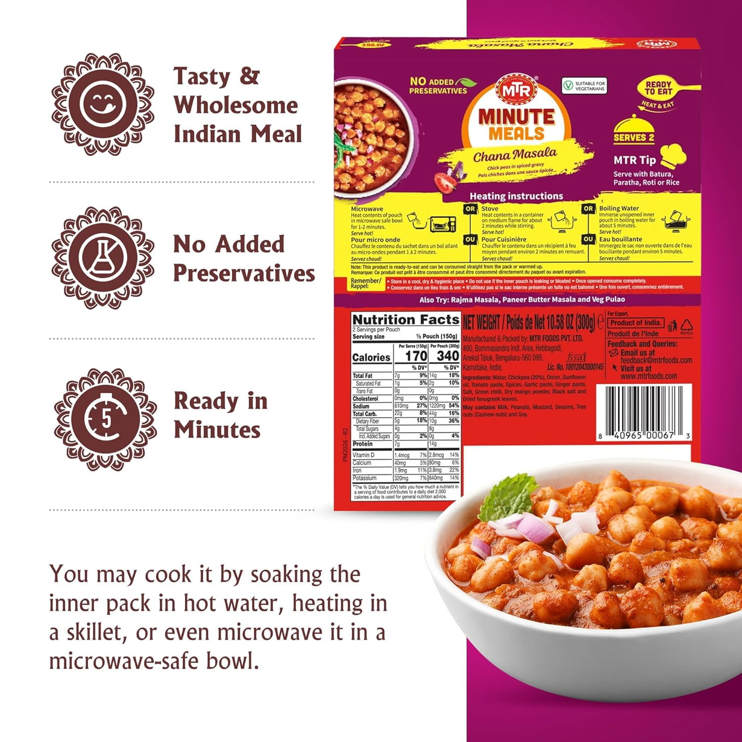 MTR Chana Masala - Savory Chickpeas in Spiced Gravy - Authentic Indian Ready-to-Eat Meal - No Added Preservatives - A Quick Meal Suitable for Vegetarians, Ready in Minutes! (300g, Pack of 6)