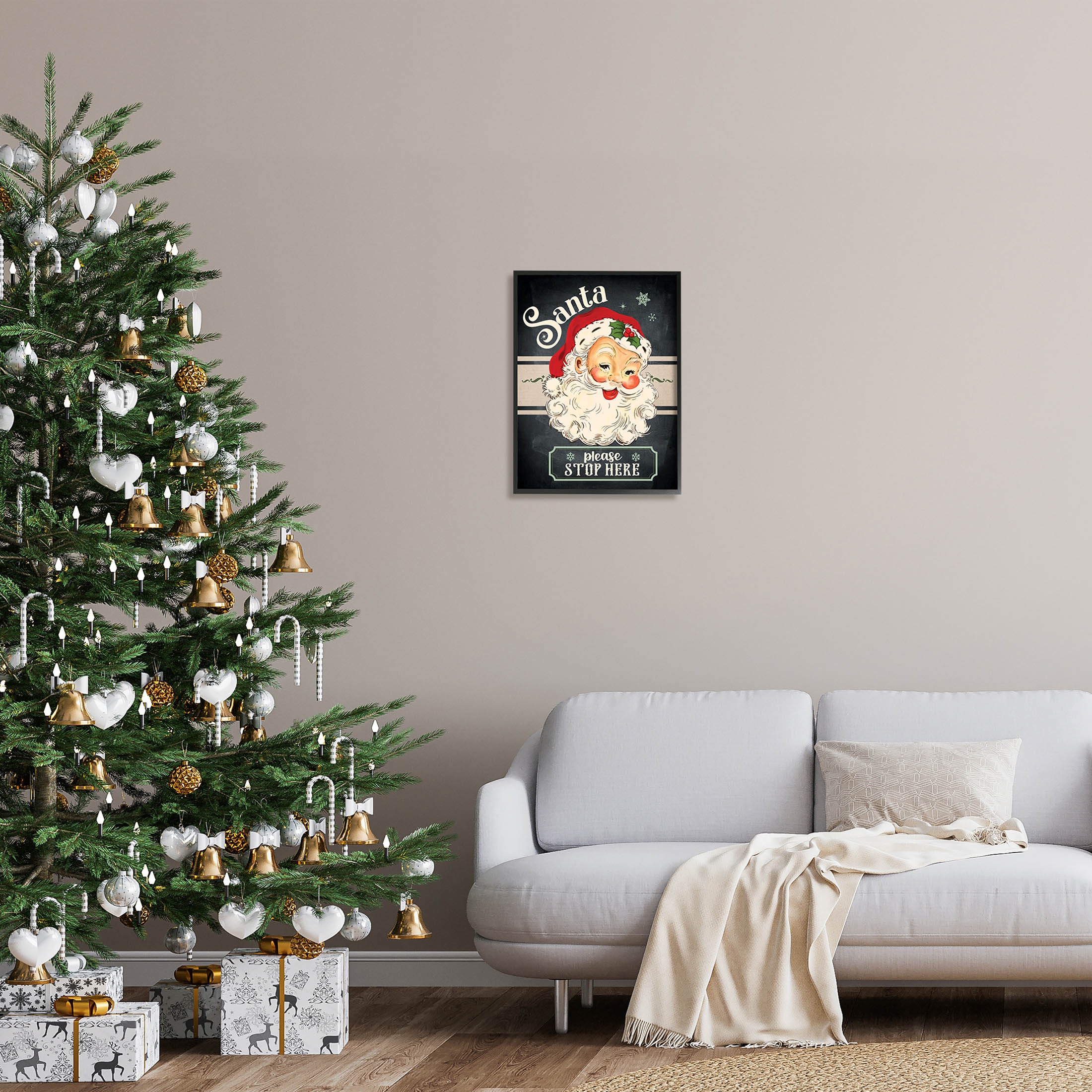 Santa Please Stop Here Vintage Smiling Holiday Graphic Art Black Framed Art Print Wall Art