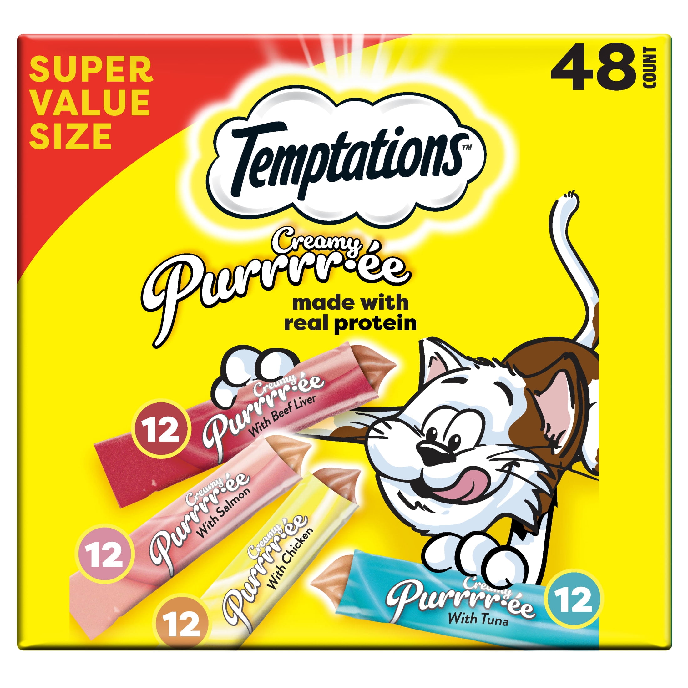 (3 pack) Temptations Creamy Puree Lickable Cat Treats Variety Pack with Beef Liver, Salmon, Chicken, and Tuna