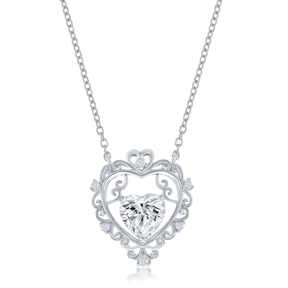 Filigree Design with Simulated Diamond CZ Heart 16 2" Pendant Necklace - Sterling Silver Jewelry for Women or Teens