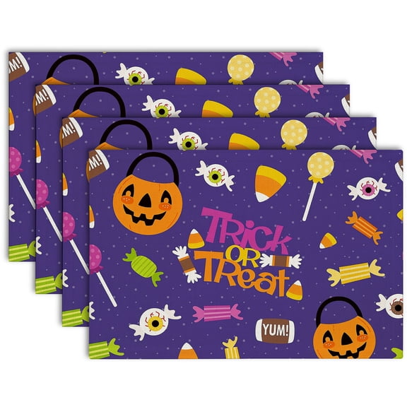 Trick or Treat Candy Placemats Set of 4 Fabric Dining Table Place Mats Fun Halloween Kitchen Decor