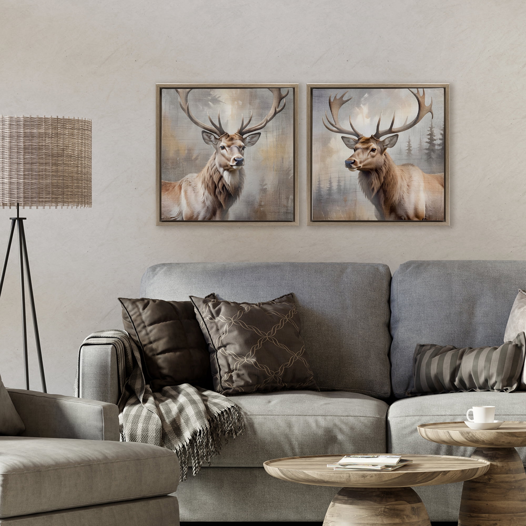 Stupell Industries Glancing Forest Stags 2 Piece Brown Framed Floater Canvas Set, design by Susan Arnot