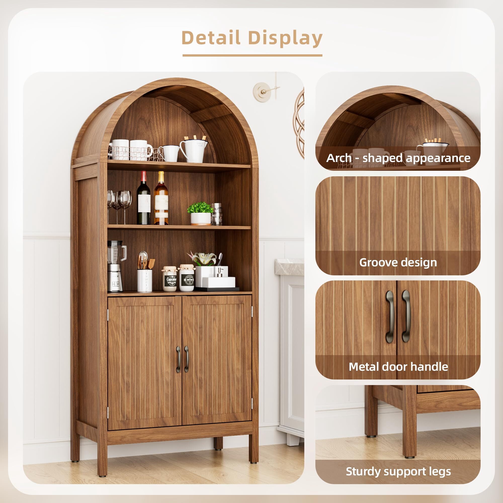 Fsbecl 70.9" fluted tall storage cabinet, arched bookcase cabinet Suitable for Living Room
