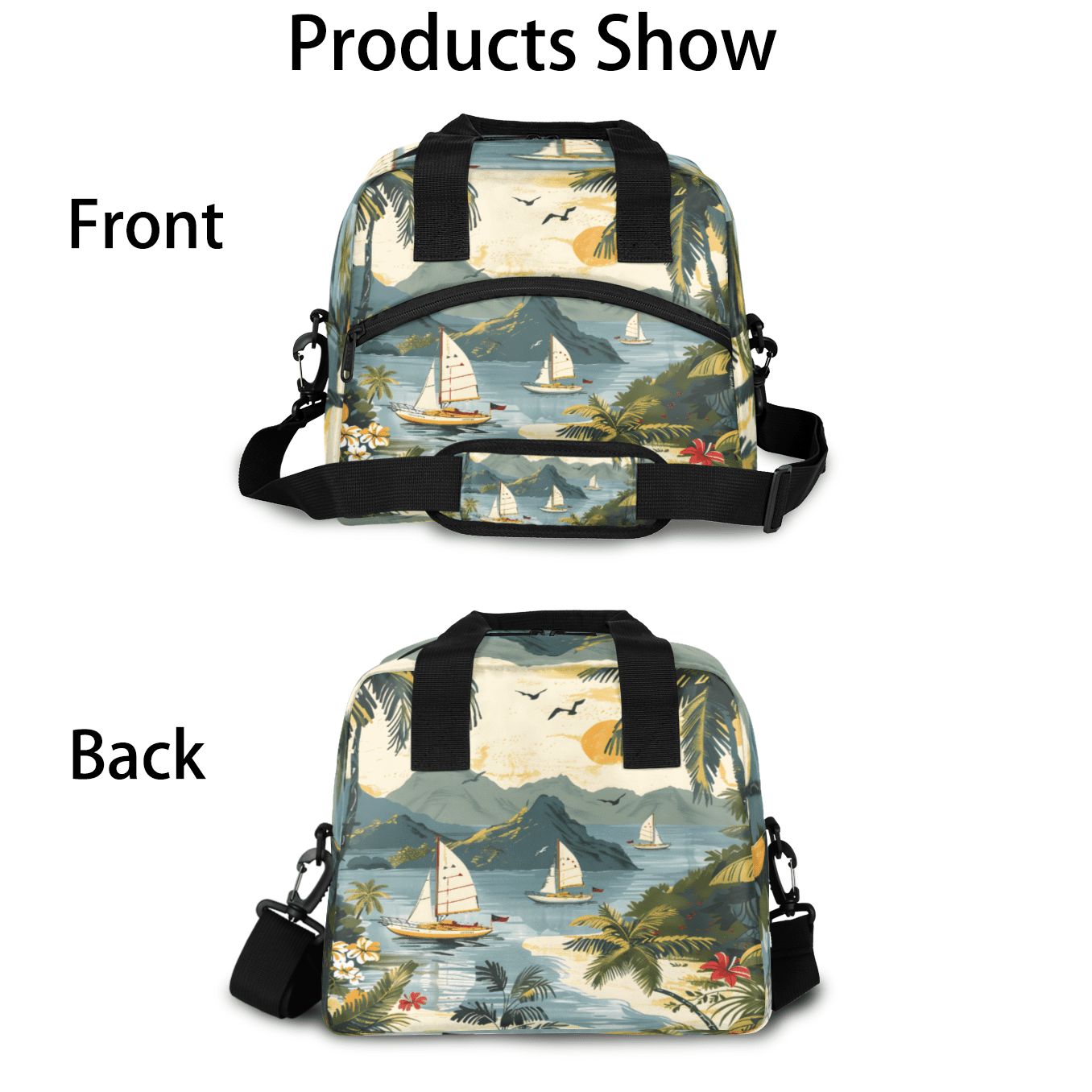 Herdesigns Ocean Theme Insulated Lunch Bag for Women Men Adults Large Reusable Lunch Box Beach Palm Tree Ship Leakproof Cooler Tote Bags with Adjustable Shoulder Strap