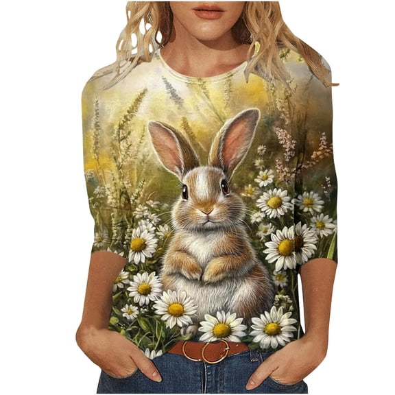 Womens Easter Outfit Casual 3/4 Sleeve Crewneck Tops Cute Bunny Print Shirts Spring and Summer Blouses Easter Festival Tops