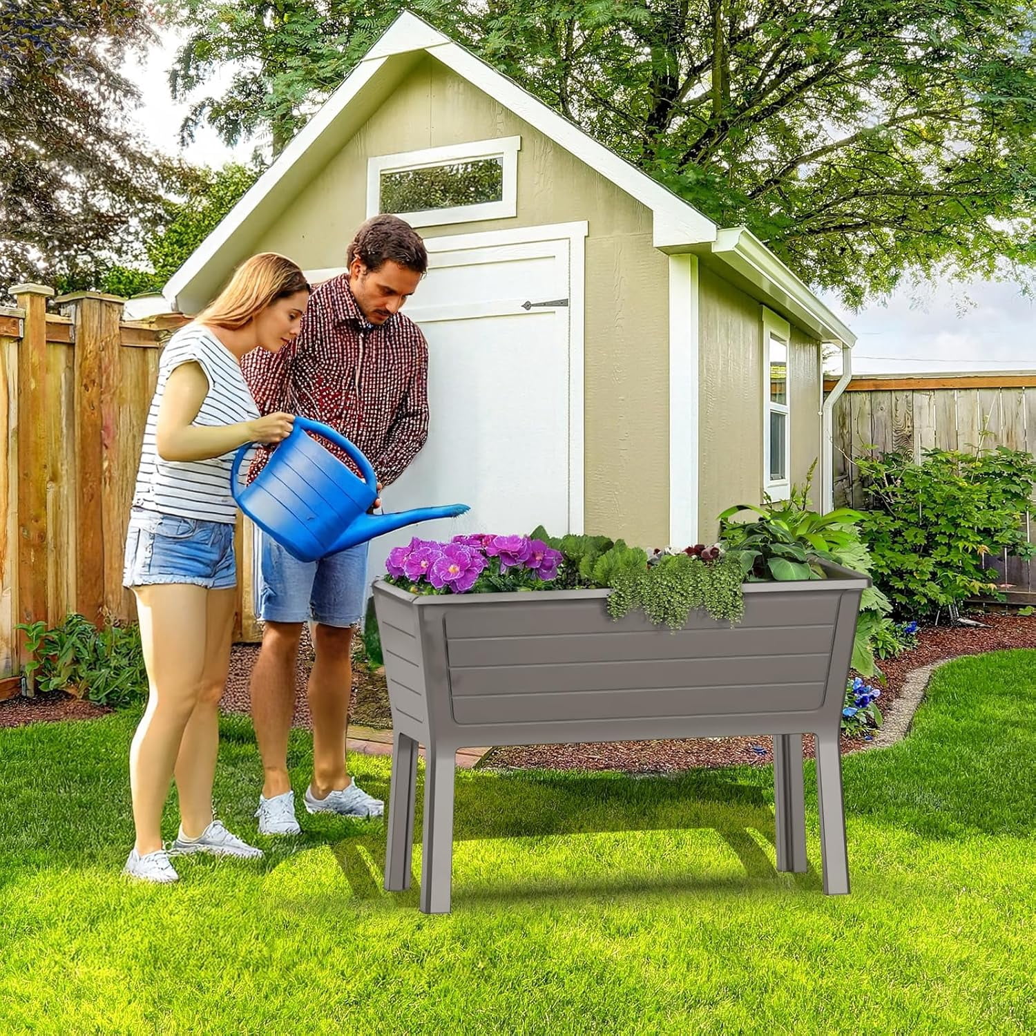 Raised Garden Bed with Wheels – Resin Planter, Waterproof & UV-Resistant for Outdoor Flowers, Vegetables & Herbs (Shallow coffee, 1 Pack)