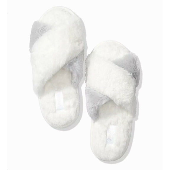 Victoria's Secret Pink Soft Plush Faux Fur Crisscross Slippers White & Gray Large (9/10) New