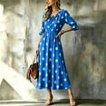 thumbnail image 4 of Dolkfu Keyhole Neck Dresses for Women Trendy Blue 3/4 Sleeve Waist Cinched Long-Length Fit & Flare Dresses Polka Dot Vacation Relaxed Fit Blue,L, 4 of 5