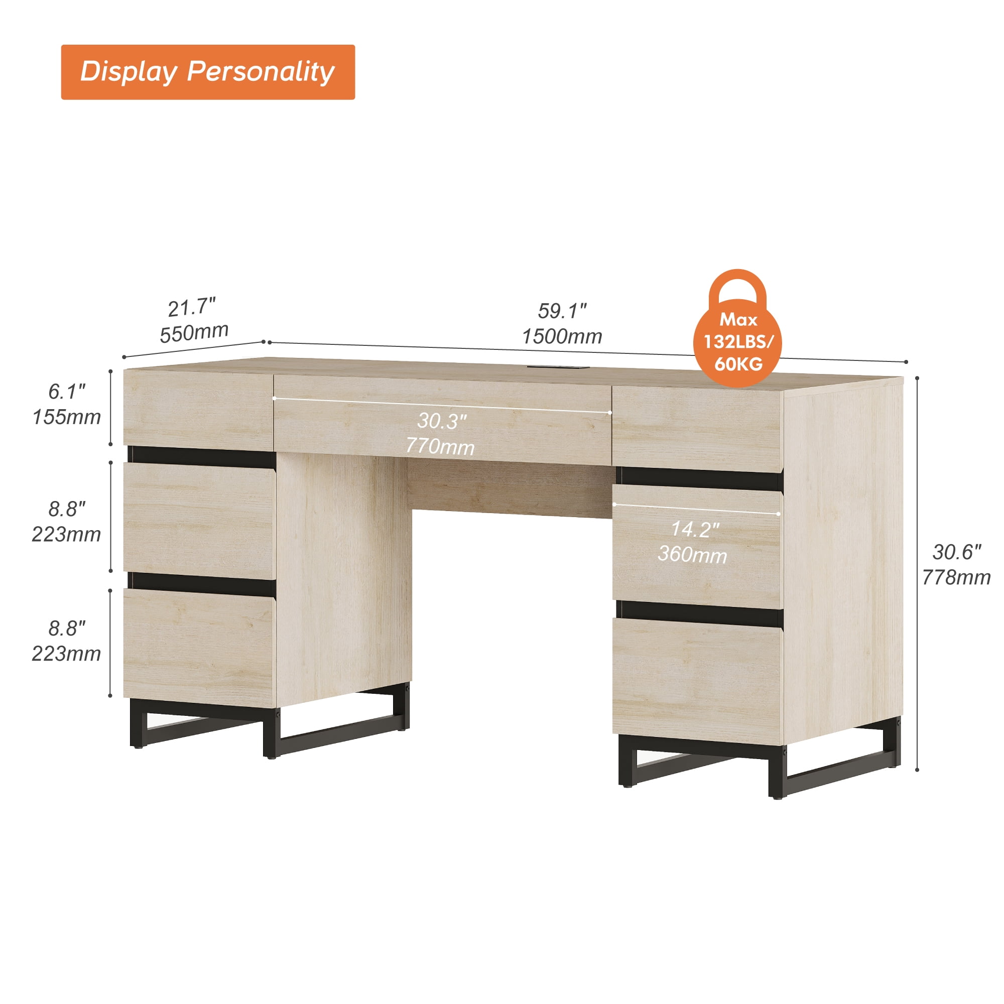 59 Inch Modern Executive Desk, Rustic Wood Computer Desk with 7 Drawers and Built-in Charging Station, Multipurpose Study Work Table for Home Office, Bedroom & Living Room, Beige