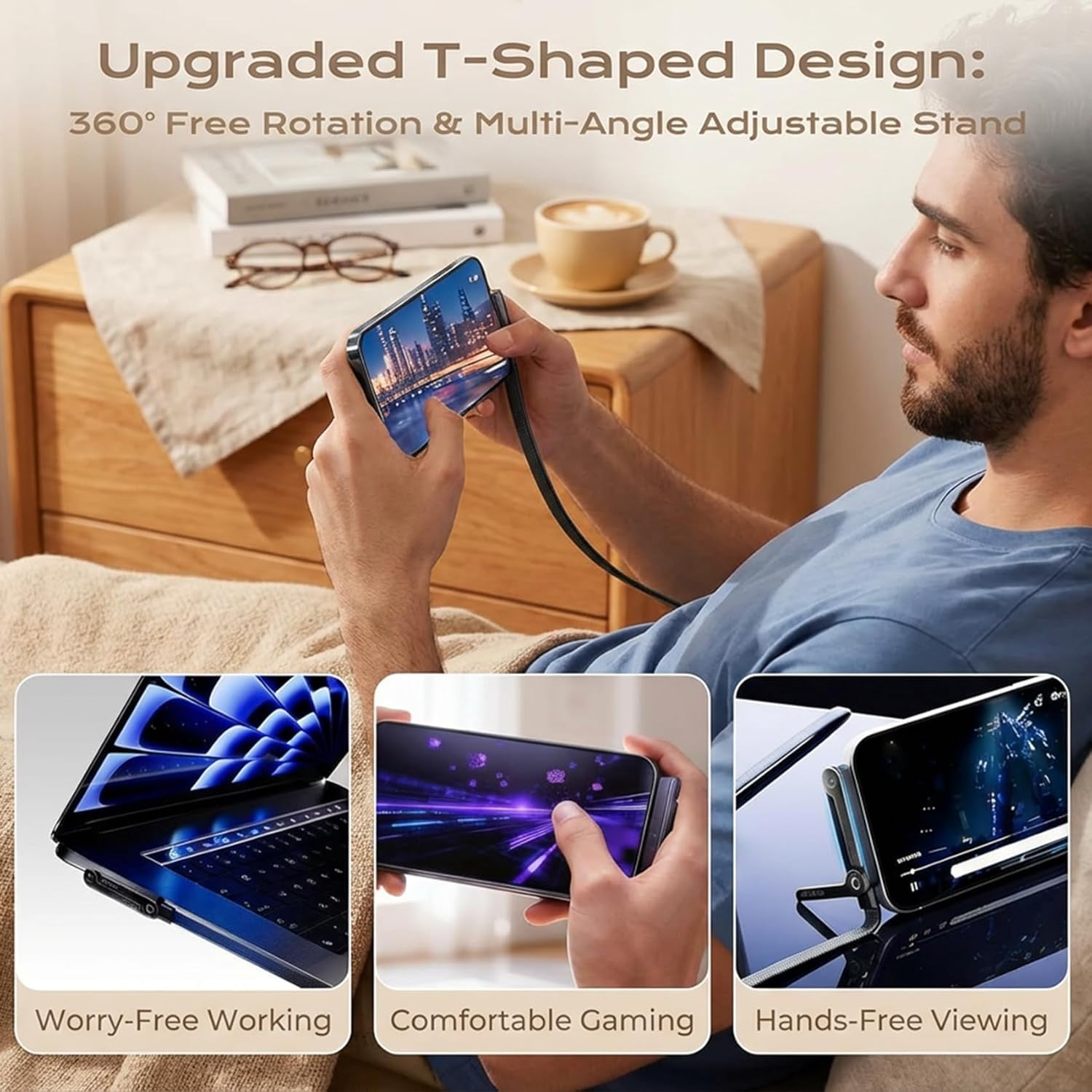 Sideways Phone Charger, 2-in-1 Invisible Stand Charging Cable with 240W Fast Charging, Built-in Phone Holder & Braided Cable for Smartphones Tablets