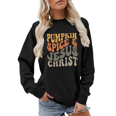 FYEGRE Pumpkin Spice and Jesus Sweatshirt Retro Christian Crewneck Sweater Women Religious Shirt Fall Pullover Tops Black S