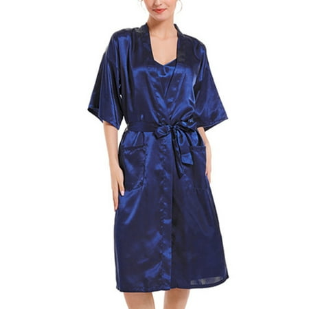 

Abtel Women Robes Half Sleeve Kimono Robe Loose Bathrobes Ladies Knee Length Wedding Bathrobe Dark Blue XL