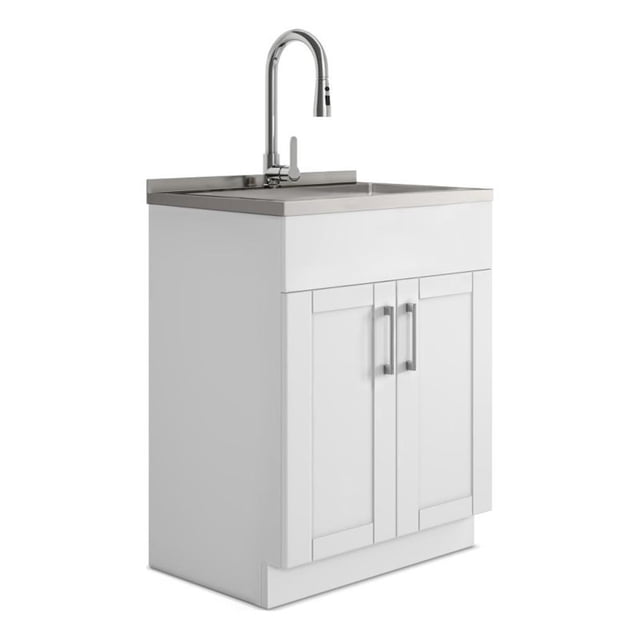 Pemberly Row Wide Shaker 28" Laundry Cabinet w/ Faucet and Stainless Steel Sink