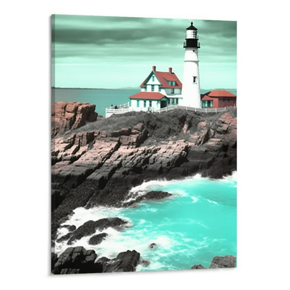 Creowell Teal Ocean Canvas Wall Art Seascape Blue Painting Lighthouse Coastal Pictures Turquoise Landscape Artwork Framed for Bedroom Bathroom Living Room Home Office Wall Decor (16x20inch)