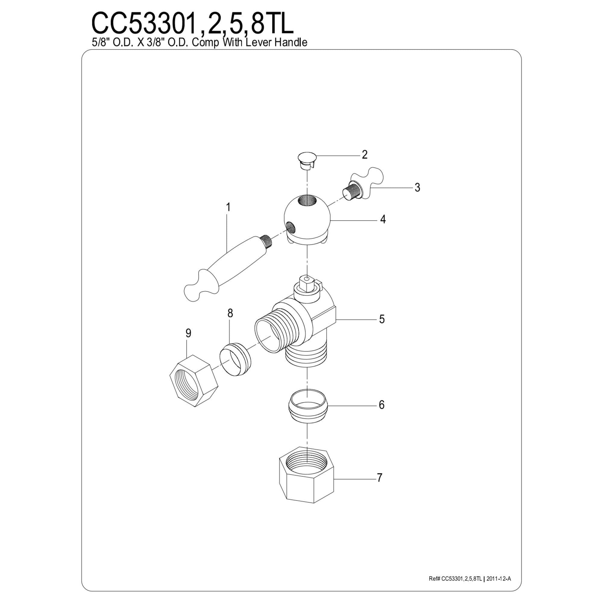 Kingston Brass CC53302TL 5/8-Inch O.D. Comp x 3/8-Inch O.D. Comp Quarter-Turn Angle Shut-Off Valve in Polished Brass