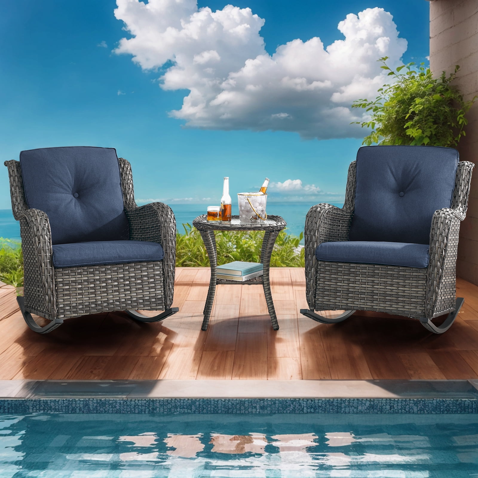 PARKWELL Outdoor Wicker Rocking Chair - 3 Piece Rattan Patio Bistro Set 2 Rocker Chairs and Glass Coffee Side Table - Set of 3 - Blue