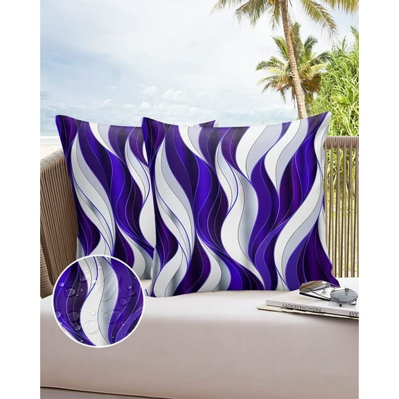 Outdoor Throw Pillow Cover Purple White Wavy Lines Waterproof Cushion Covers 2 Pack Modern Abstract Stripes Pillow Cases Home Decoration for Patio Garden Couch Sofa