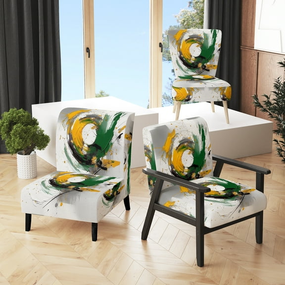 Designart "Abstracted Perspectives in Yellow and Green V" Yellow Abstract Upholstered Accent Chair - Modern Arm Chair For Bedroom
