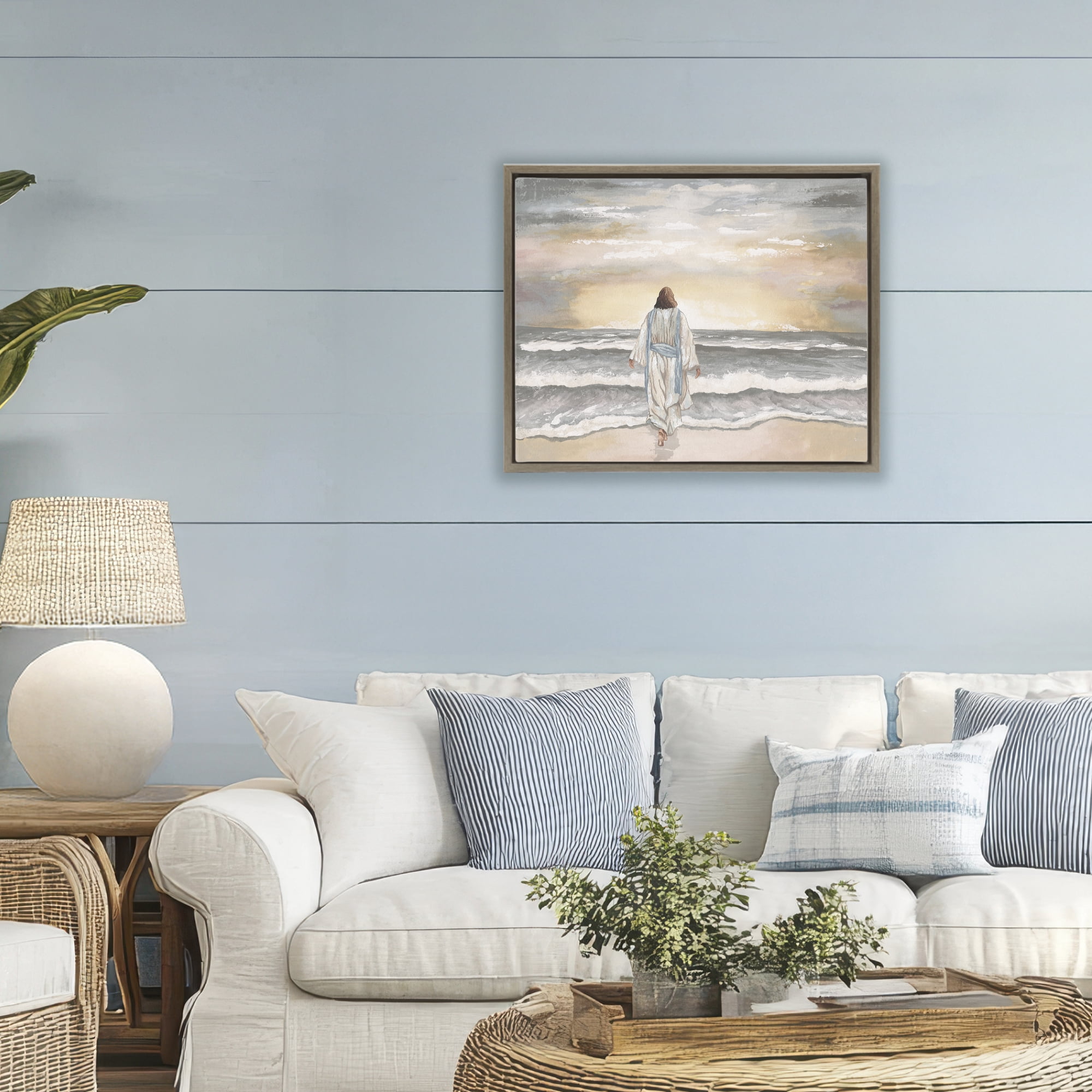 Stupell Industries Jesus Walks The Shore Brown Framed Floater Canvas Wall Art, design by Elizabeth Medley
