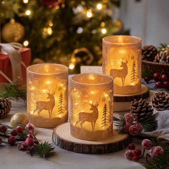 Fmbmuo Christmas Glass Candle Holders with LED Lights Deer Snowflake Cylinder Vase Decor