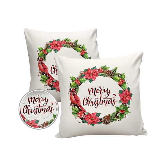 Pack of 2 Outdoor Pillow Covers, Merry Christmas Winter Wreath Flower Waterproof Square Throw Pillowcase Cushion Decorative Pillow Covers for Couch Patio Tent, 20x20 in