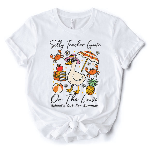 Last Day Teacher Goose T-Shirt, Tropical Summer Break Navy, White, and Natural Tee for Fun and Quirky Educators