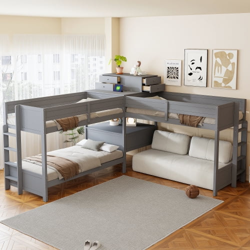 Twin Size L-Shaped Bunk Bed with Built-In Desk, 4 Drawers, USB Ports & Power Outlet, Solid Wood Frame with Guardrails for Bedroom, Gray