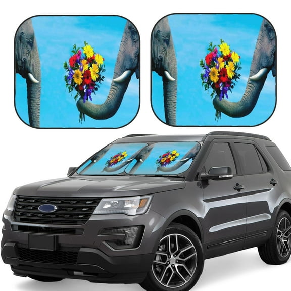 Naloa Elephant Trunk Couple Flowers 2 Piece Foldable Car Sun Shades, Car Windshield Sunshade, Front Window Sunshade for Car, Truck, SUV - Small