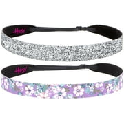 Hipsy Adjustable Non Slip Pastel Flowers Bling Glitter Wide Headbands for Women 2-Pack (Purple & Silver)