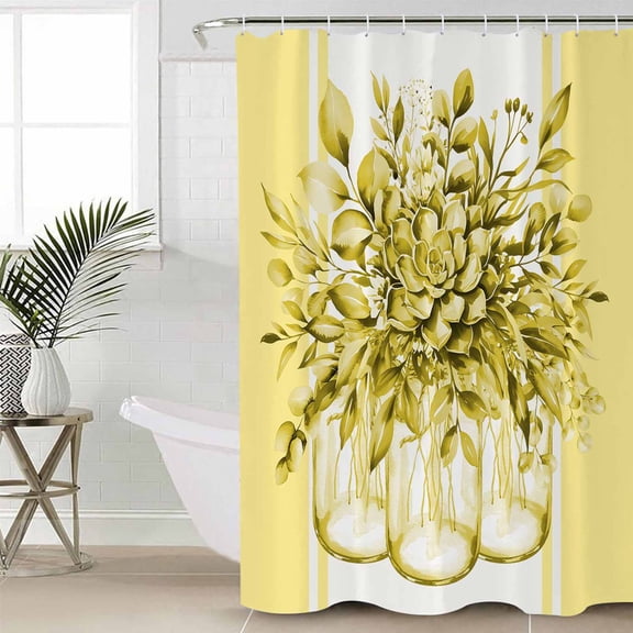 Eucalyptus Yellow Bathroom Curtain 78 Inch Shower Curtain with Hooks, Stripes Bottle Flower Cactus Plant Waterproof Polyester Bath Curtain Washable Bathtub Curtain 36''x 78''
