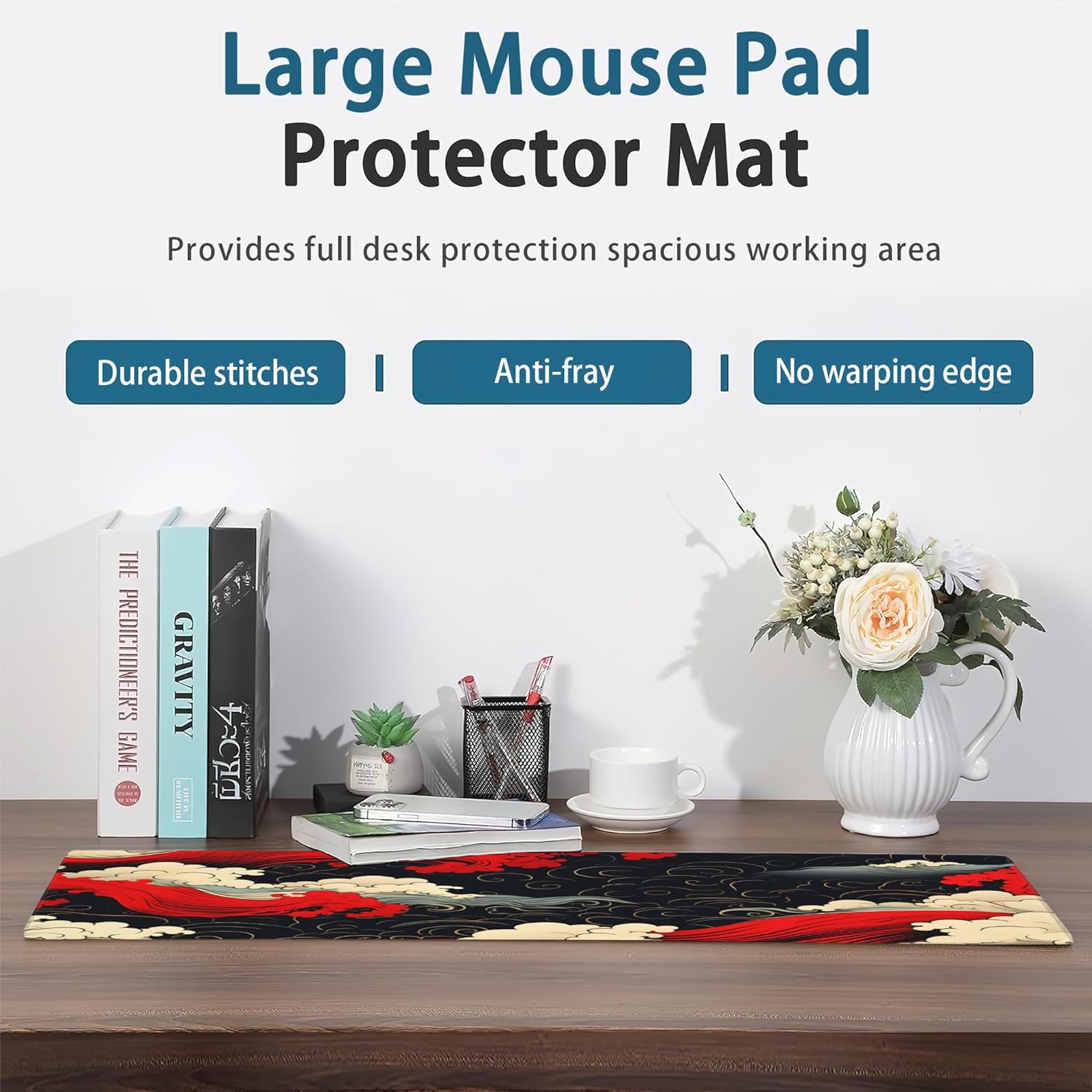 Gaming Mouse Pad, Japanese Sea Waves Extended Mouse Pad Gaming Large, Big Desk Mat with Non-Slip Base and Stitched Edge, Long Computer Keyboard Mouse Mat for Home Office Work 31.5"x11.8"