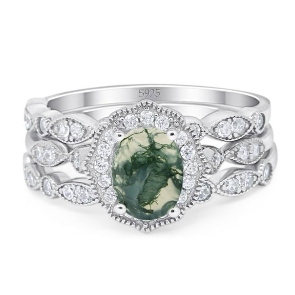 Three Piece Natural Green Moss Agate Floral Weeding Ring 925 Sterling Silver Size 5