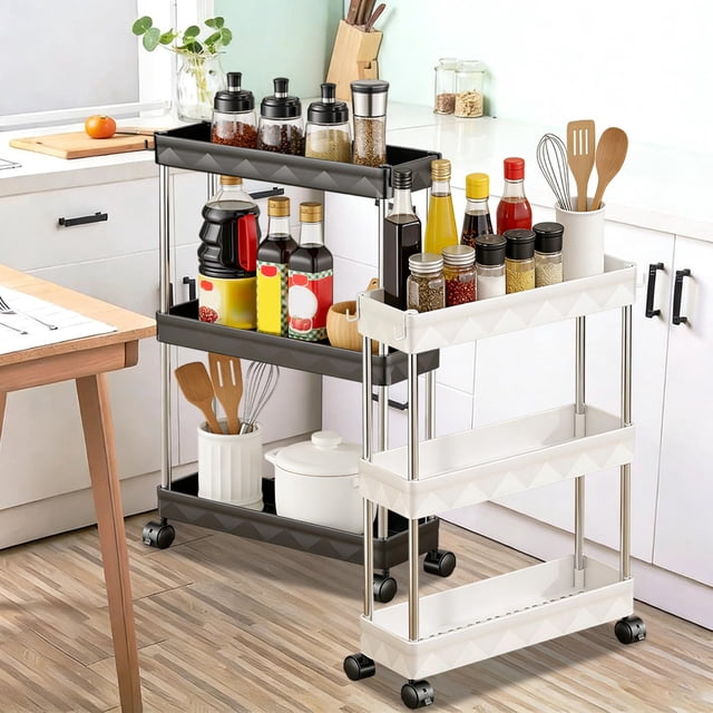 Sentmoon Organizer Cart Snack Cart Compact Storage Carts with Three Shelves Multi-Purpose Organizer for Dorm Rooms Space-Saving Shelving Unit for Narrow Spaces