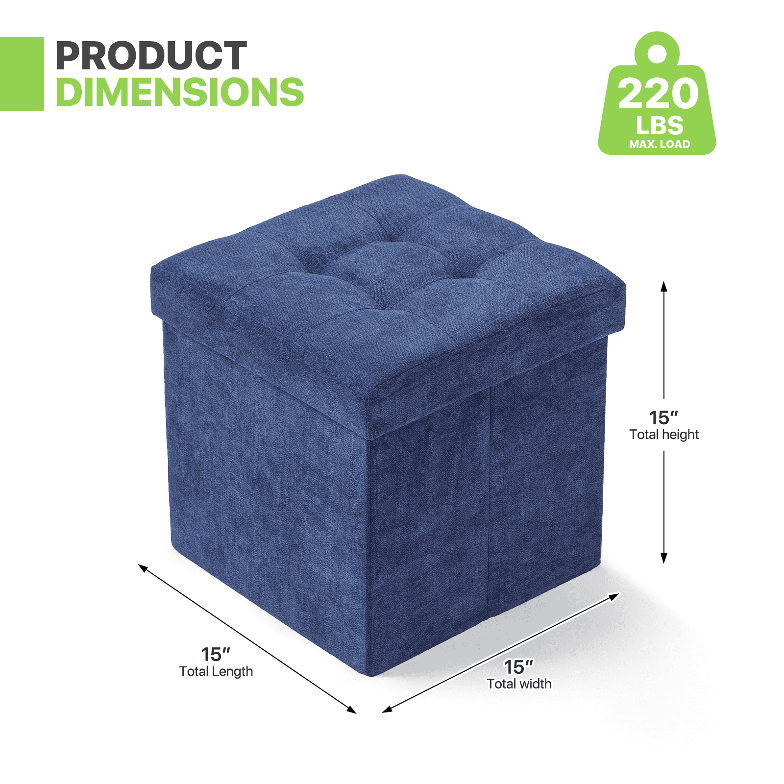 Magshion 15" Cube Folding Ottoman with Storage, Cotton-linen Collapsible Storage Ottoman Foot Stool, for Living Room Bedroom Entryway, Navy Blue