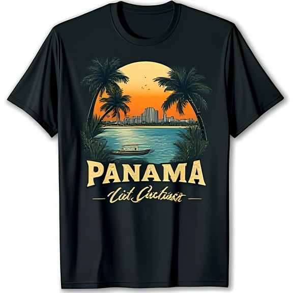 Retro Panama City T-Shirt with Sunset Trees & Boat Black