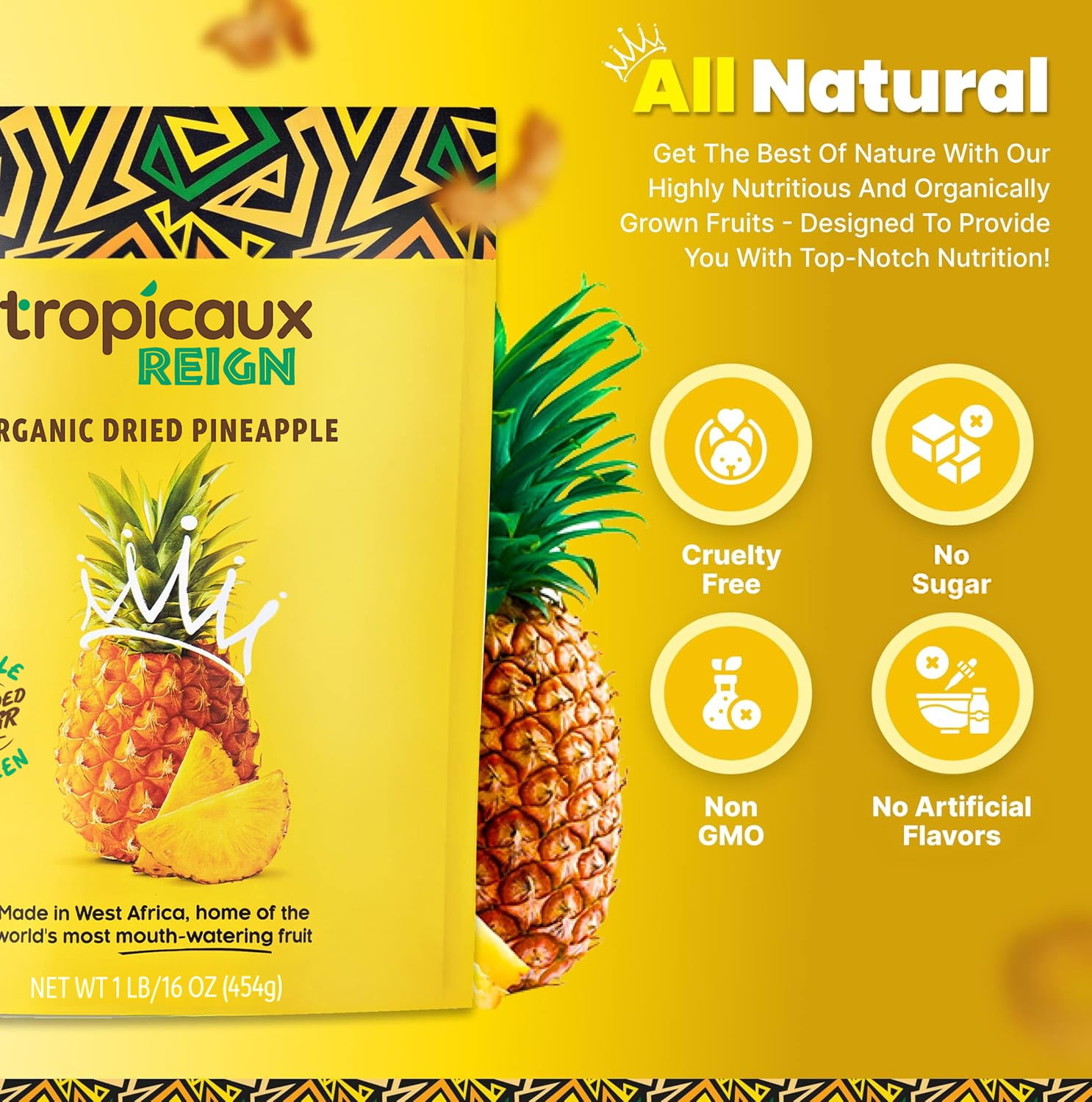 Tropicaux Reign Organic Non-GMO Dried Pineapple No Sugar Added, 16oz, Pack of 1 (16oz Total)