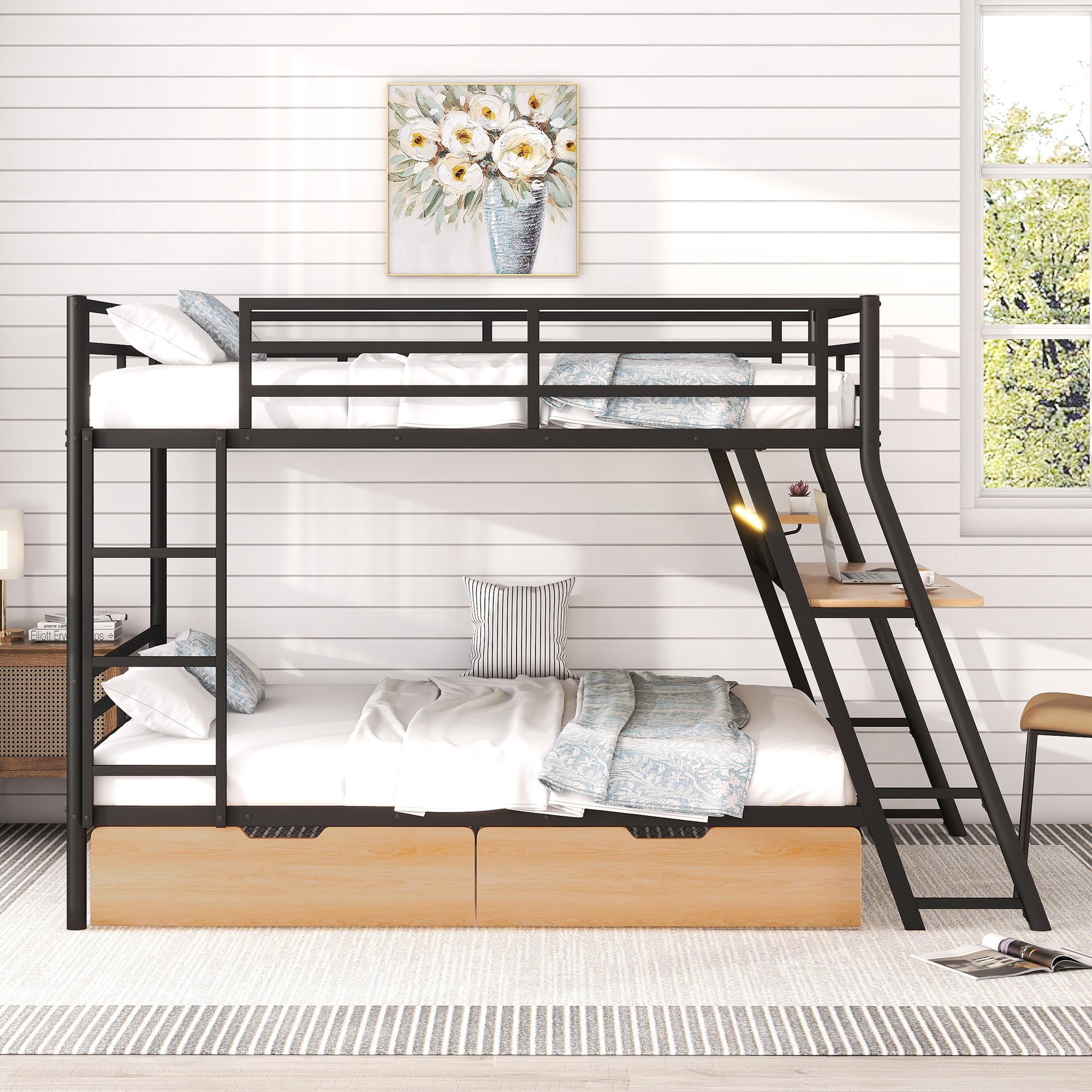 Euroco Metal Full over Full Bunk Bed with Desk and Drawers, LED Light Strip and Cabinet for Kids Teens Room, Black