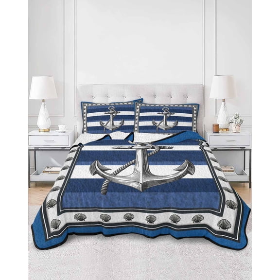 Quilts Full Size, Navy Blue Anchor Soft Comforter Bedding Set for Bed, Nautical Summer Beach Coastal Ocean Lightweight Quilted Bedspread with Pillow Cover(2 Pieces) for All Season, 78x90 Inch