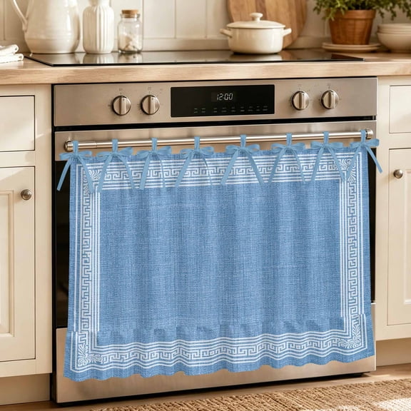 Oven Skirt Curtain for Kitchen 24x32 Inch, Sky Blue Retro Greek Key Oven Curtain with 8 Ribbon Ties & Ruffle Trim, Stove Skirt Curtain Dishwasher for Cabinets Sinks Geometric Greece Ancient Farmhouse