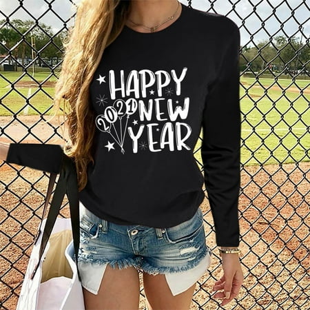 

Kakina CMSX Womens Tops Plus Size Clearance Women s 2021 Happy New Years Print O Neck T-shirt Long Sleeve Casual Blouse Top