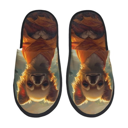 Balery Maple Leaf Meditating Chihuahua Slient Indoor Furry Fleece Comfort House Shoes Soft Non-Slip Home Shoes Cotton slippers House Slippers-- Medium