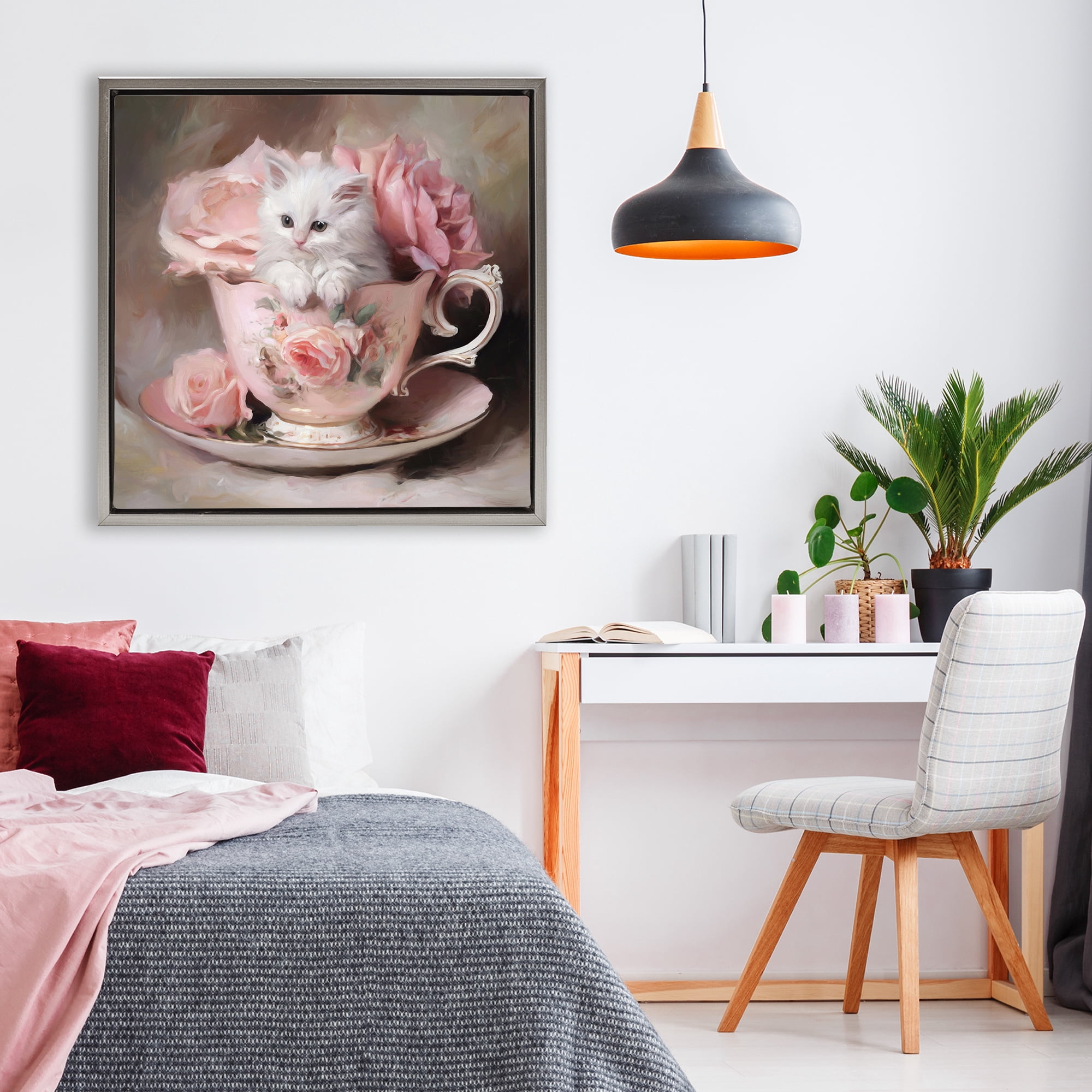 Stupell Industries Little Teacup Kitten Gray Framed Floater Canvas Wall Art, design by Tina LeCour