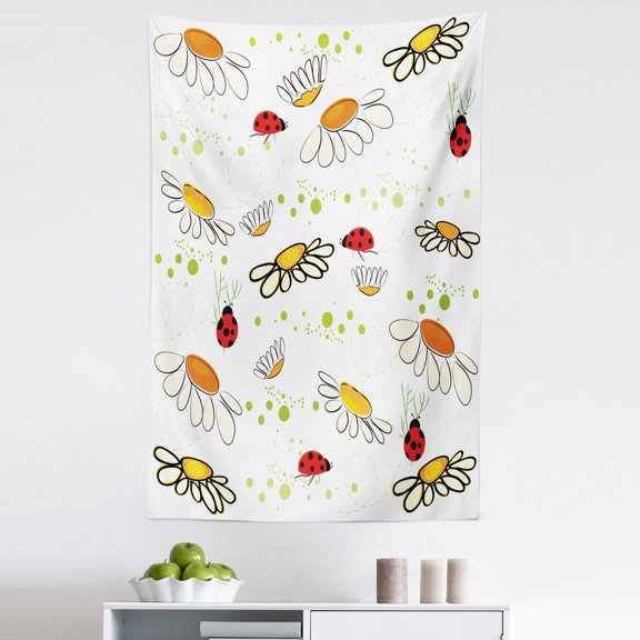 Daisy Tapestry, Chamomile Field and Lady Bird Romantic Spring Lovers Cartoonish Drawn, Fabric Wall Hanging Decor for Bedroom Living Room Dorm, 5 Sizes, Apple Green and Multicolor, by Ambesonne